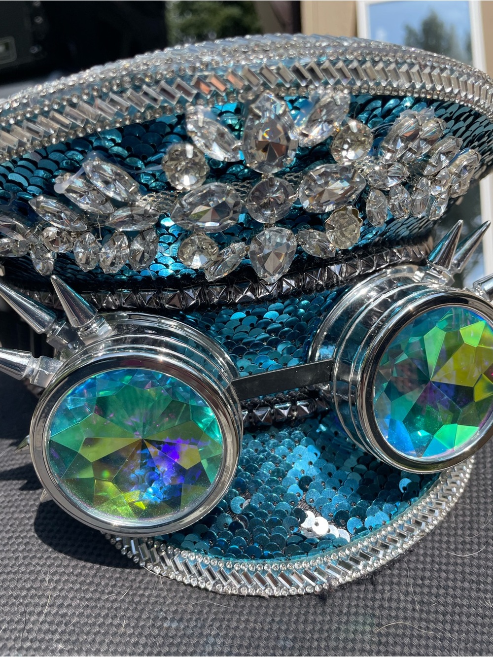 Sequin Crystal Embellished Teal Festival Hat with Holographic Goggles
